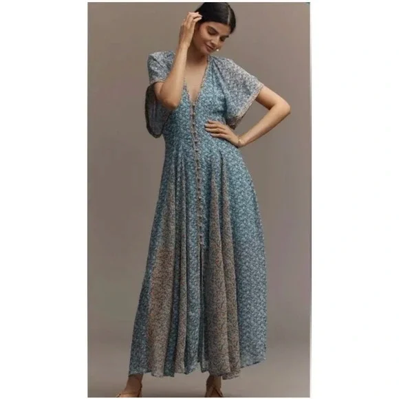 Maeve Anthropologie Floral V-Neck Button Front Maxi Dress Blue Multi Size 12 NWT - Picture 1 of 8